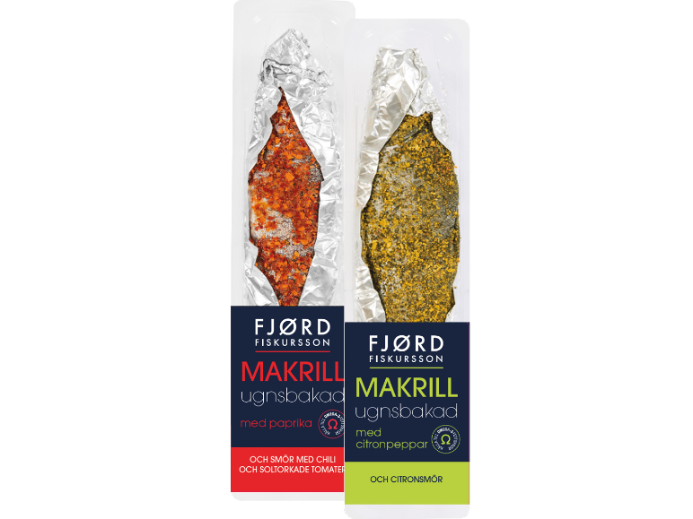 Två förpackningar ugnsbakad makrill: en med paprika och en med citronpeppar.