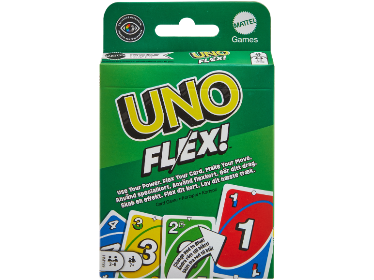 Grönt kortspel med 'UNO Flex!'-logotyp och färgglada spelkort.