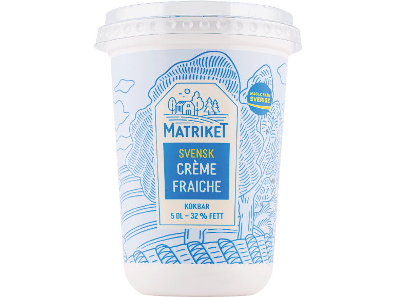Burk svensk crème fraîche, 5 dl, 32% fett, med ett landskapsmotiv.