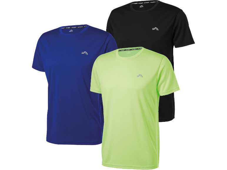 Tre sport-t-shirts för män: blå, svart och limegrön.