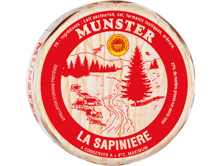 Munsterost av pastöriserad mjölk, med kor och träd på etiketten.