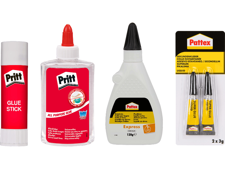 Sortiment av lim, inklusive limstift, allround flytande lim och superlim.