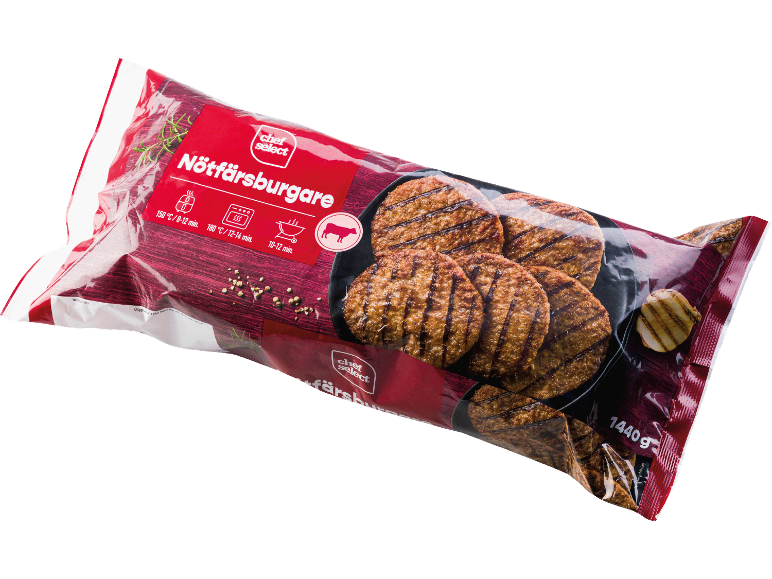 Förpackning frysta nötfärsburgare med tillagningsinstruktioner och 1440g vikt.