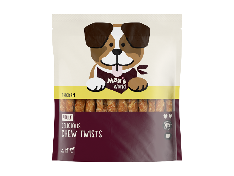Förpackning av Max's World Delicious Chew Twists med kyckling för vuxna hundar