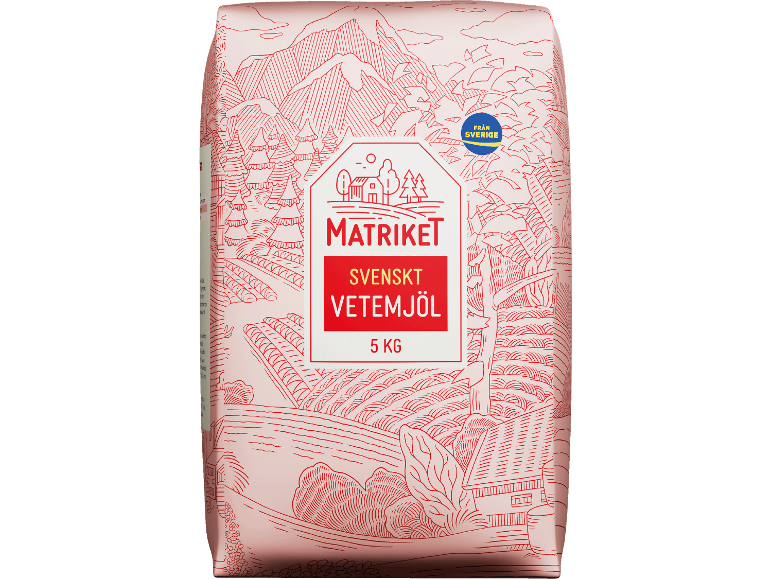 5 kg förpackning svenskt vetemjöl med landskapsillustration.