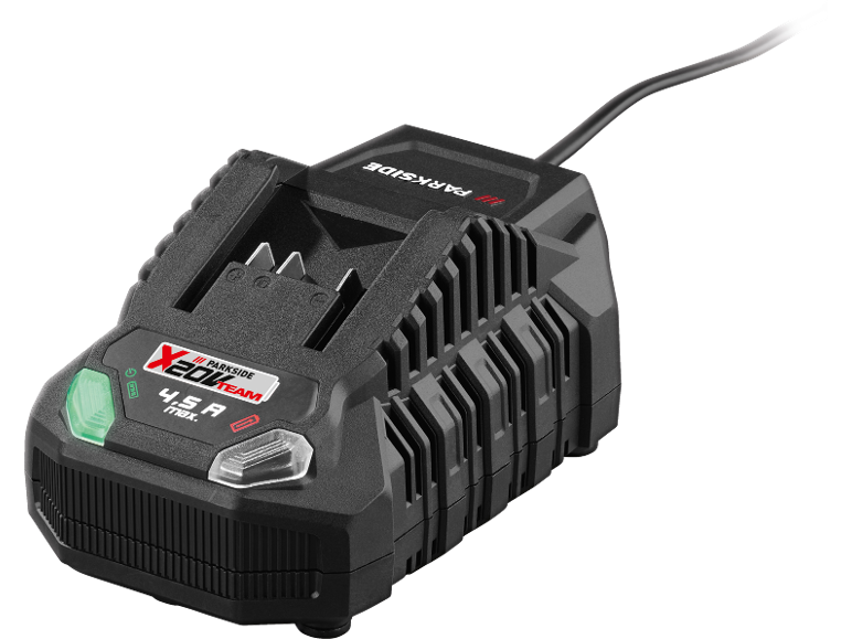Batteriladdare med strömkabel, indikatorer och texten «4.5 A max».