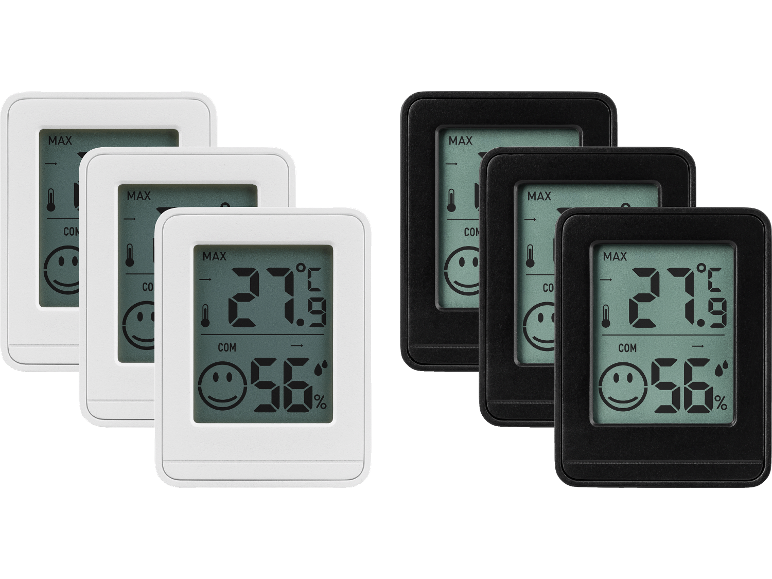 Sex digitala termometrar, tre vita och tre svarta, visar 27,9°C och 56% luftfuktighet.