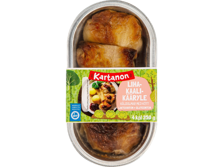 Tråg med kåldolmar med kött, med finsk och svensk text.