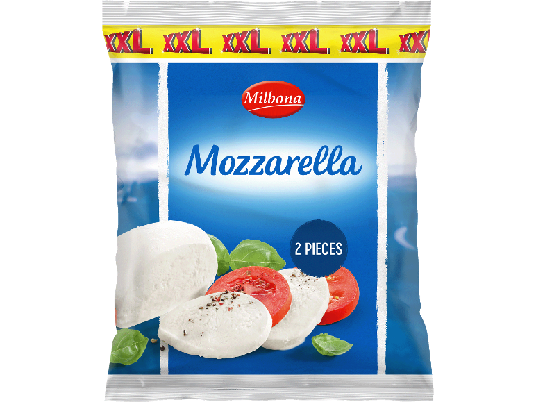 XXL mozzarella-förpackning med 2 bitar, tomater och basilika.