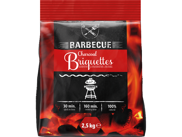 Förpackning med kolbriketter för grillning, med texten 'BARBECUE Charcoal Briquettes' och användningsinformation.
