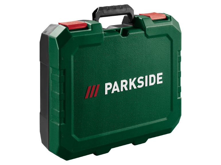 Grön verktygslåda med svart handtag och röda spännen, med texten «PARKSIDE».
