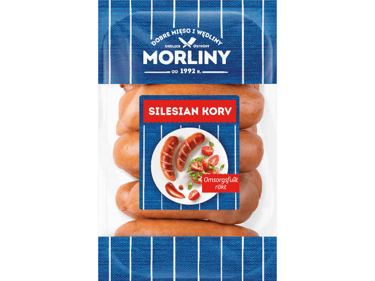 Förpackning med schlesisk korv med en illustration av en serverad maträtt.