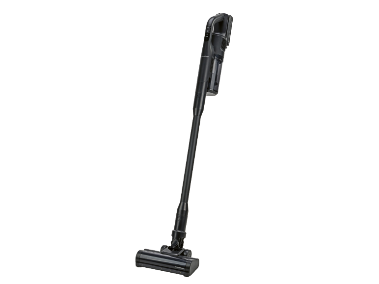 Svart sladdlös skaftdammsugare med Power Brush munstycke.