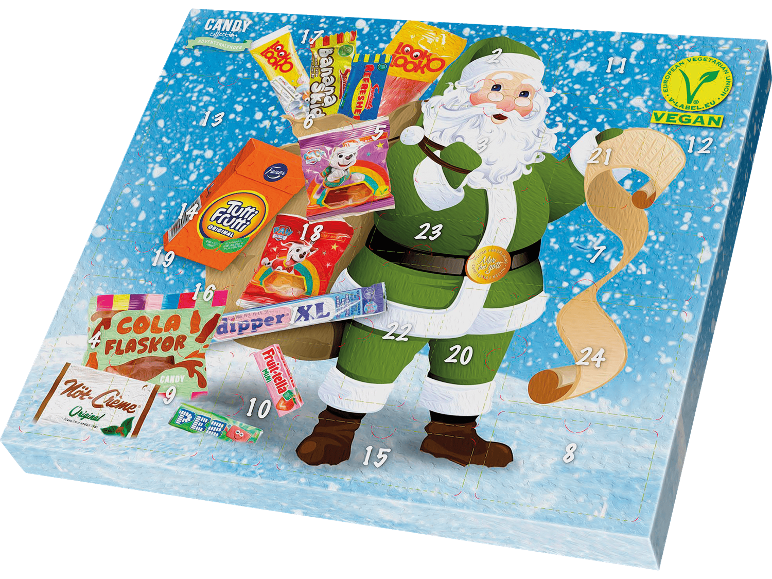 Hultén vegansk godisadventskalender med jultomte och olika sötsaker