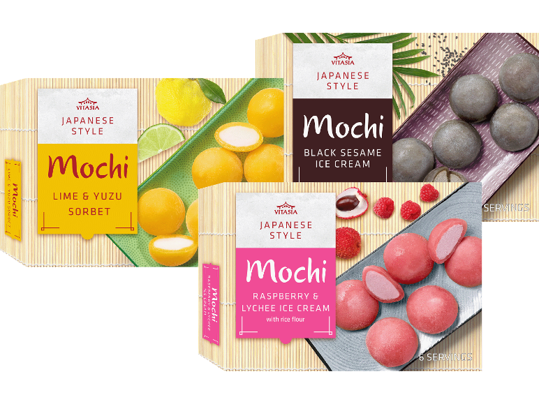Mochi i japansk stil med lime & yuzu, svart sesam samt hallon & litchi.