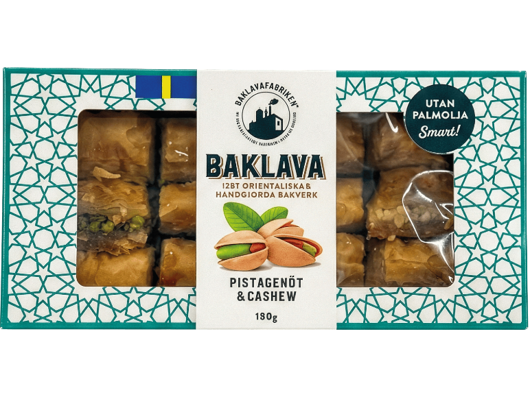 Låda med pistage- och cashewbaklava, utan palmolja.