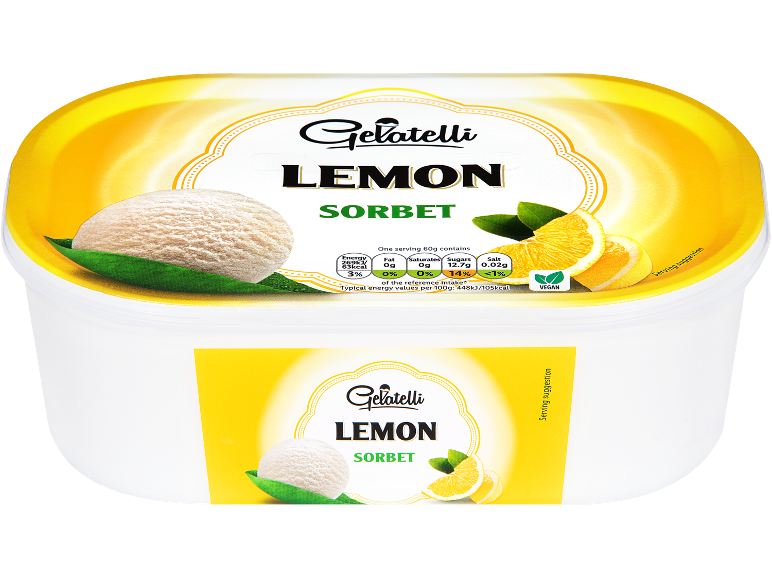 Citronsorbetburk med näringsinformation och serveringsförslag.