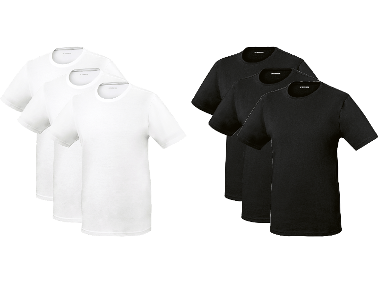 Tre vita och tre svarta kortärmade t-shirts.