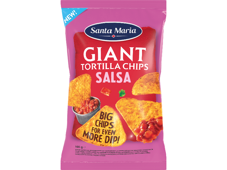 Jättetortillachips med salsa, med 'NEW!'-etikett och 'BIG CHIPS FOR EVEN MORE DIP!'