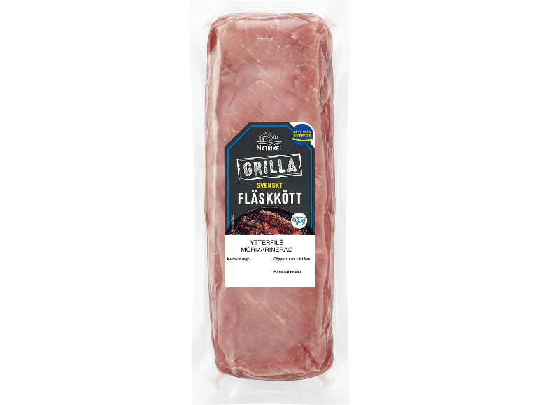 Vakuumförpackad mörad fläskytterfilé med etikett för grillning.