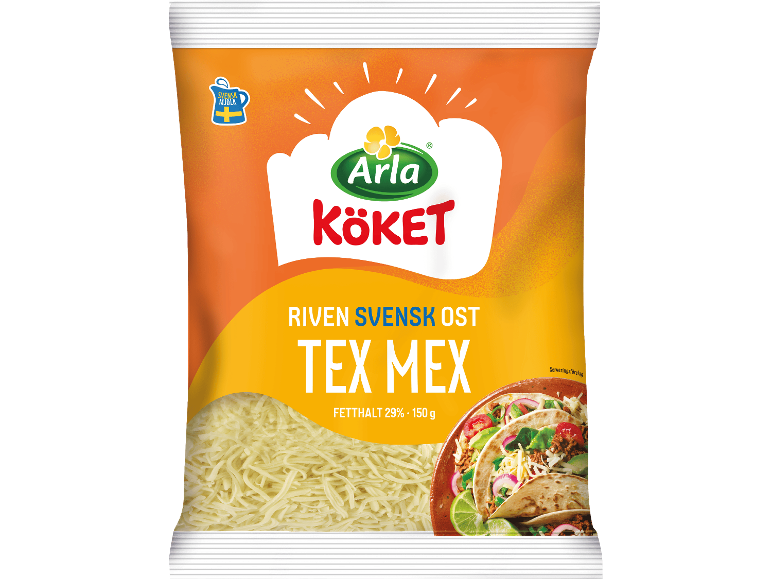 Riven Tex Mex-ost i påse, med serveringsförslag på tacos.