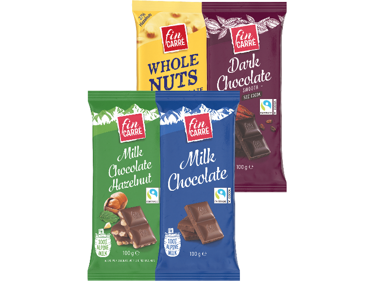 Fyra sorters Fin Carré chokladkakor, inklusive mjölkchoklad och mörk choklad.