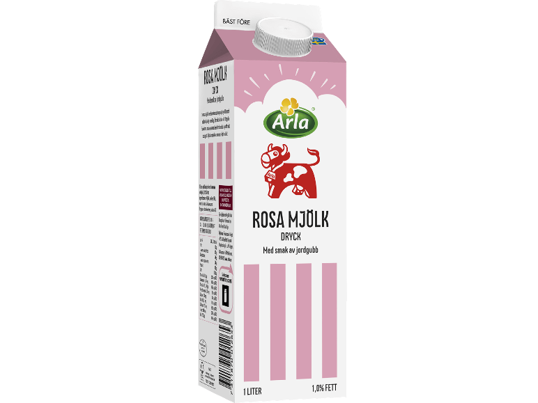Rosa mjölkdryck med jordgubbssmak, 1 liter, 1,0% fett.