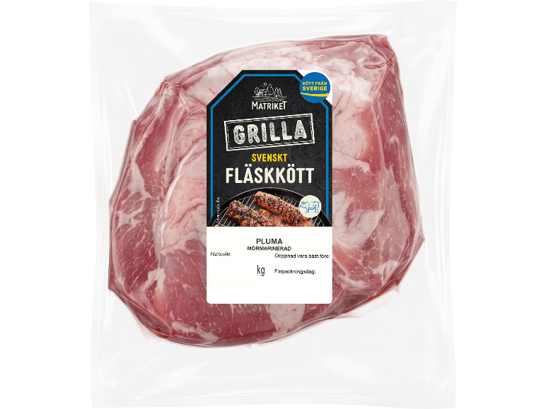 Förpackning svenskt marinerat Pluma fläskkött för grillning.