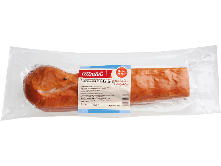Vakuumförpackad varmrökt fläskytterfilé med näringsdeklaration.