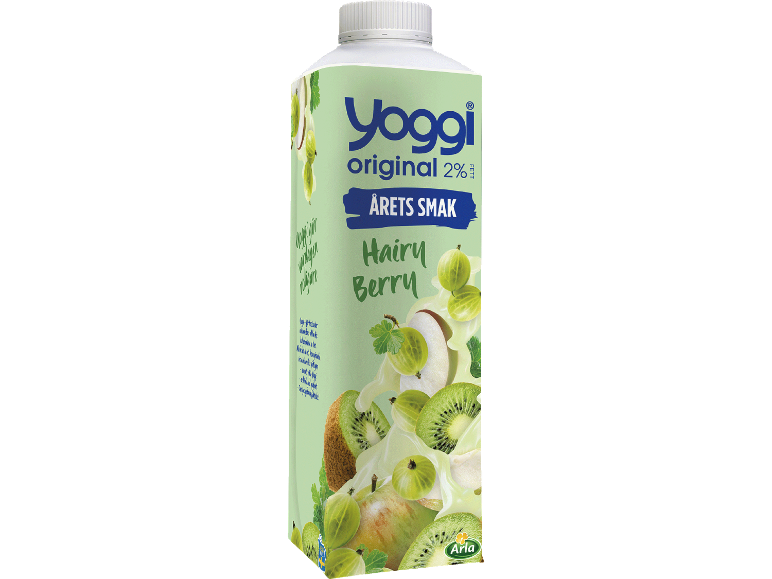 Yoghurtflaska med krusbär, kiwi och päron, med texten 'ÅRETS SMAK Hairy Berry'.