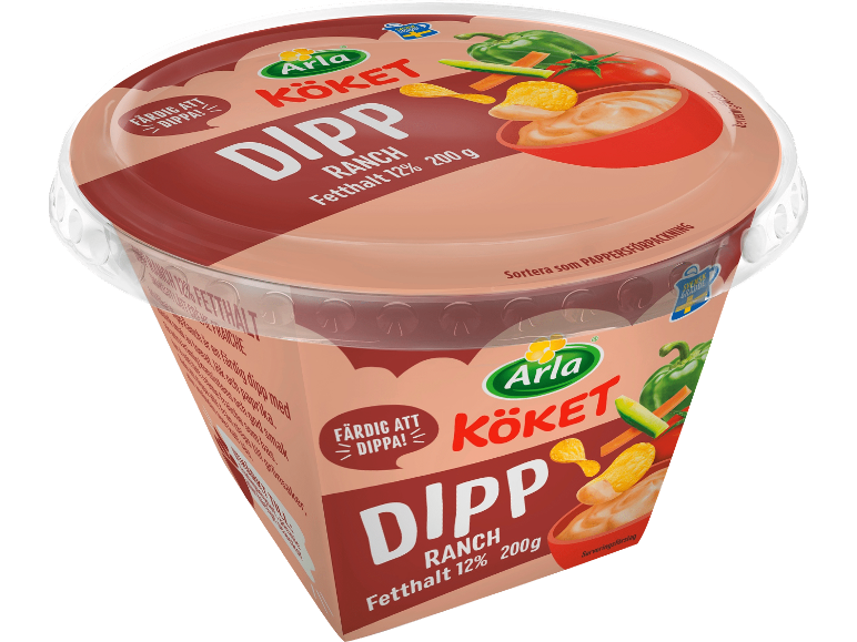 Färdig ranchdippförpackning med 12% fetthalt, 200g, med grönsaker och chips.