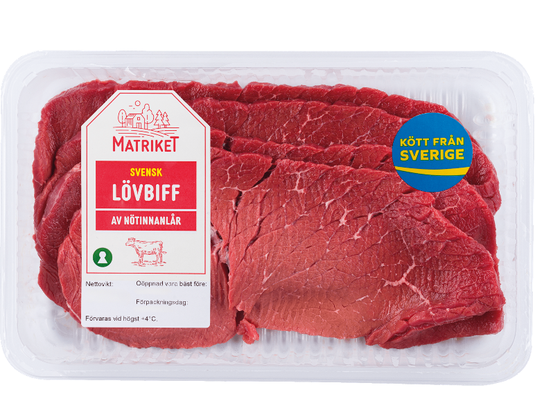 Förpackning svenska lövbiffar, med röd och blå etikett.