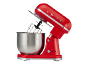 Röd köksmaskin med skål i rostfritt stål och tillbehör, med numret 1973.