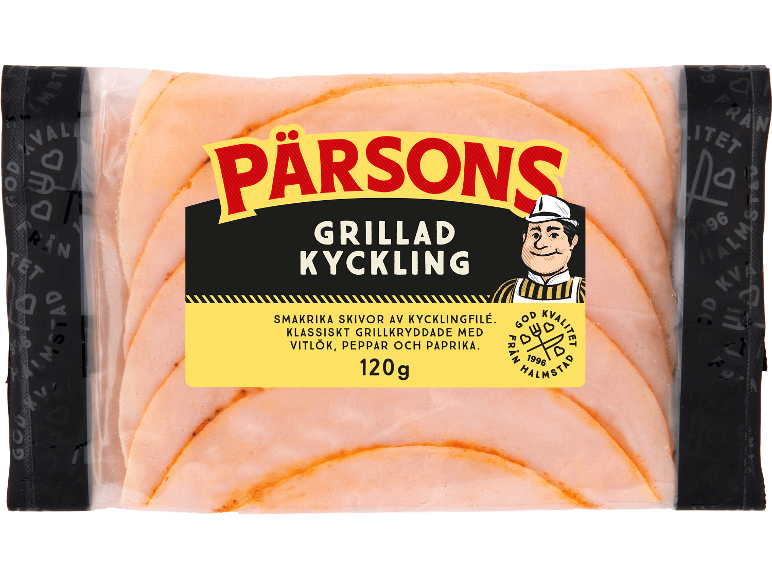 Förpackning grillade kycklingskivor, kryddade med vitlök, peppar och paprika, 120g.