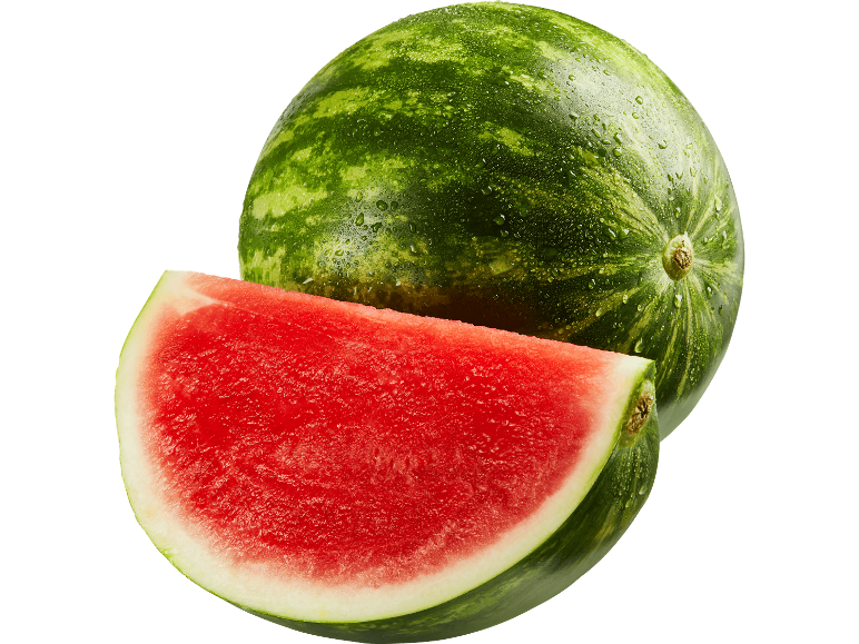 Vattenmelon och en skiva med ljust rött fruktkött och grönt skal.