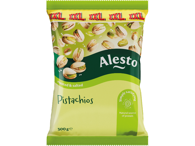 XXL-påse med rostade och saltade pistagenötter, 300 g, naturlig proteinkälla.