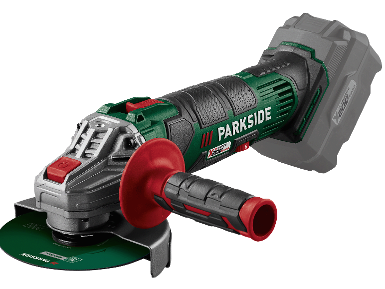 Sladdlös vinkelslip med kapskiva för metall, med rött handtag och batteri.