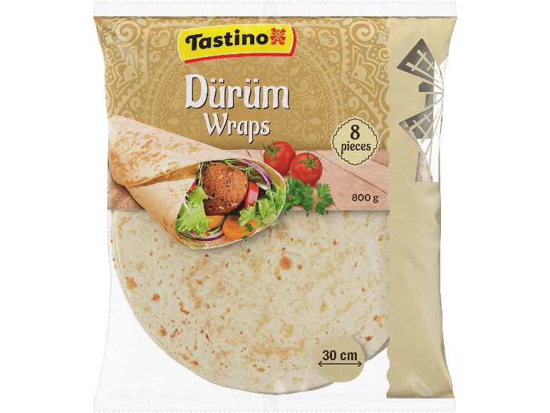 Tastino Dürüm Wraps-paket med 8 tortillor, 800g, och en falafelwrap.