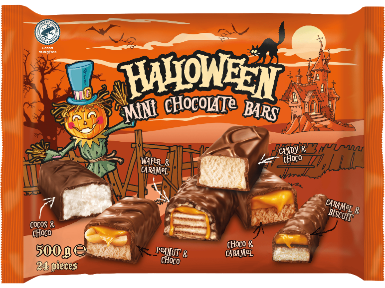 Halloween mini-chokladbars i en förpackning med läskigt tema