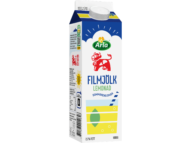 Kartong med citronfil med texten ”FILMJÖLK LEMONAD SOMMARENS SMAK” och 2,7% fett.