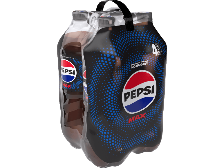 Fyrpack sockerfria cola-flaskor i plastförpackning med bärhandtag.