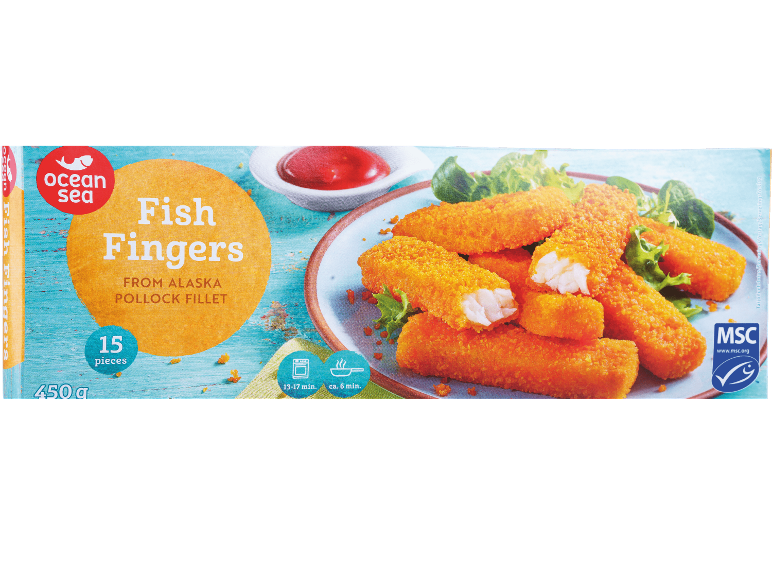 Förpackning med fiskpinnar från Alaska pollock, 15 stycken, 450g, med tillagningstid.