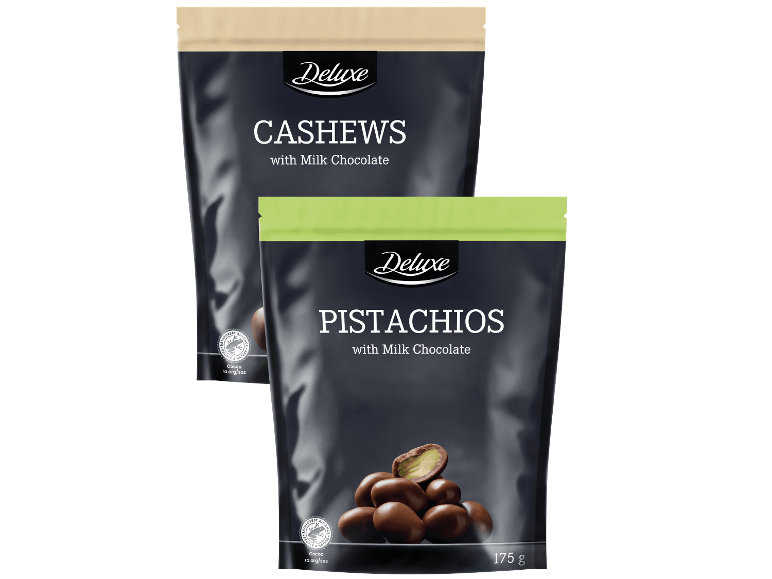 Deluxe cashewnötter och pistagenötter med mjölkchoklad, 175 g.