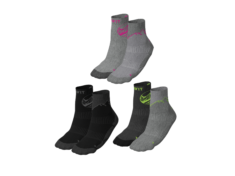 CRIVIT utomhussockor: två grå par med fuchsia och två svarta/grå par med neongröna bergsmotiv.