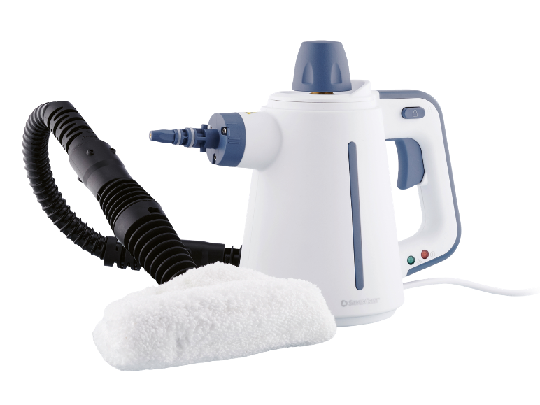 Vit och blå handhållen ångtvätt med slang och mikrofiberduk.