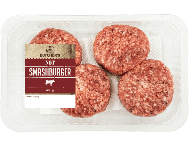 Butcher's DIY Smash Burger, 400g förpackning med fyra råa nötfärsburgare.
