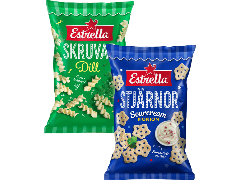 Två påsar chips: grön med dill och blå med gräddfil och lök.