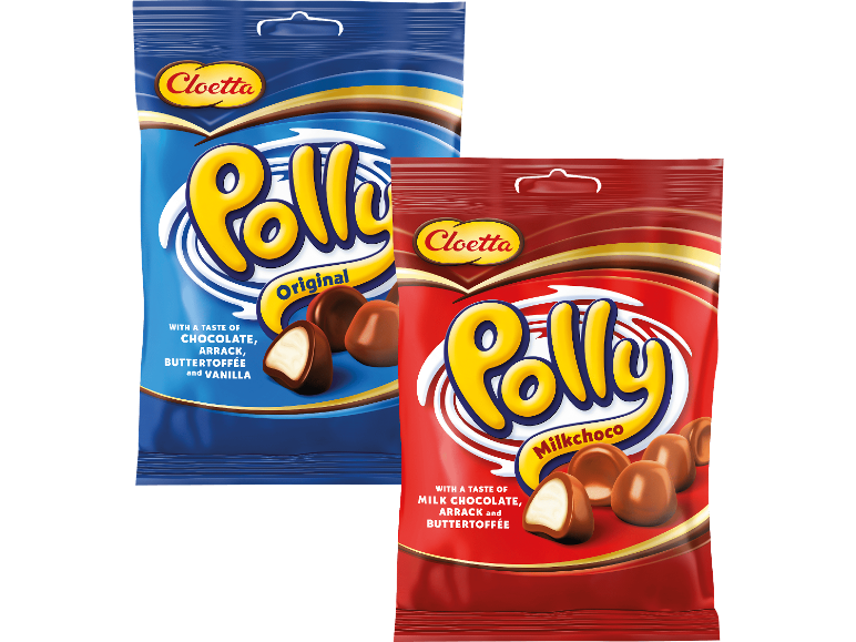 Två påsar Polly-godis: original med choklad, arrak, smörkola och vanilj, samt mjölkchoklad med arrak och smörkola.