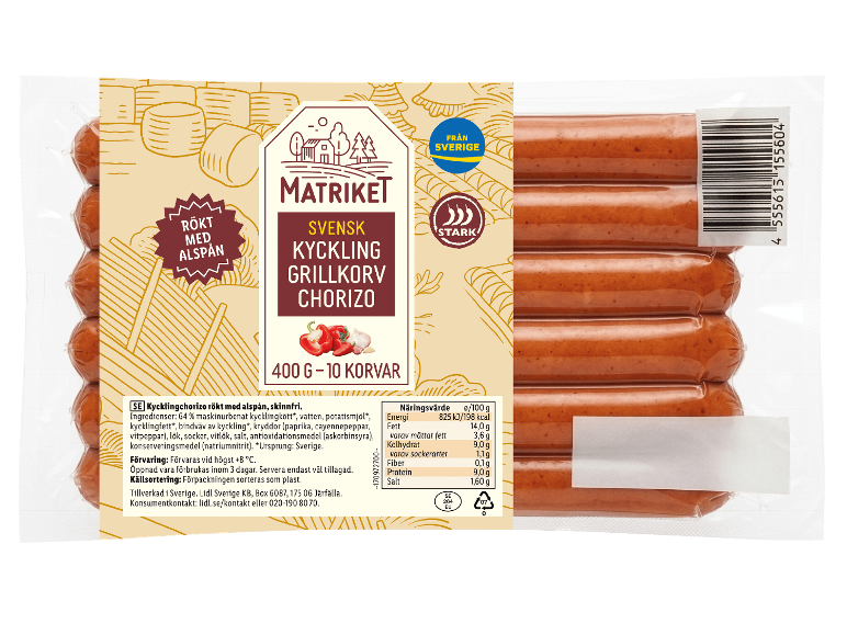 Förpackning med tio rökta kycklinggrillkorvar med chorizosmak, med näringsinformation.