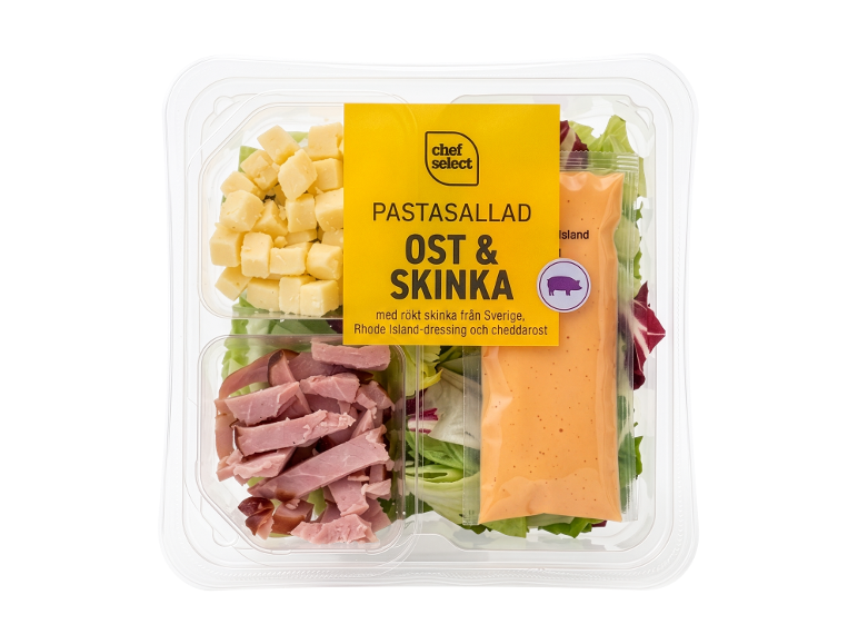 Pastasallad med ost och skinka, med rökt skinka, Rhode Island-dressing och cheddarost.